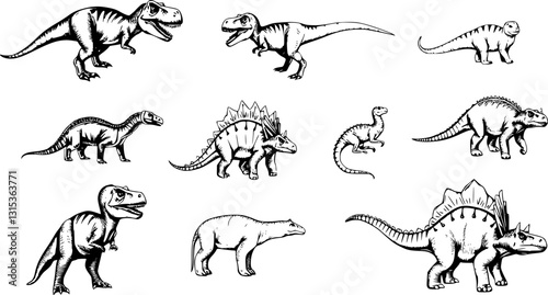 Engraved dinosaur icon set. Monochrome vintage vector illustrations of fossils and prehistoric reptiles.