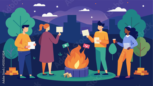 As night falls a group of residents gather around a fire pit in a park holding sticks with labels to cast their votes for the next neighborhood event. A lively discussion ensues as. Vector