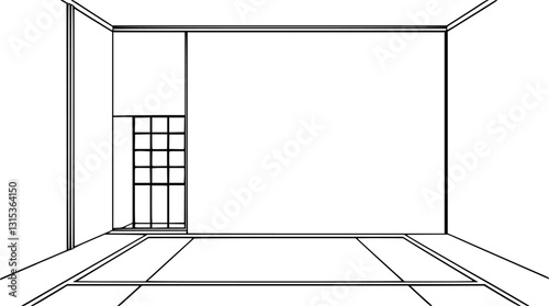 Outline of a Japanese-style Zen room with tatami mat and sliding doors minimalist vector.