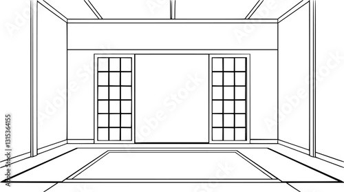 Outline of a Japanese-style Zen room with tatami mat and sliding doors minimalist vector.