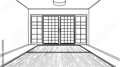 Outline of a Japanese-style Zen room with tatami mat and sliding doors minimalist vector.