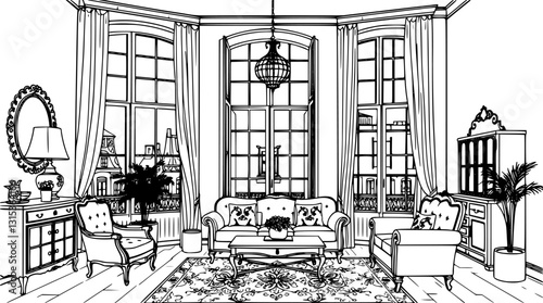 Outline of a Parisian apartment with vintage furniture and tall windows vector design.
