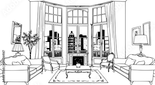 Outline of a Parisian apartment with vintage furniture and tall windows vector design.