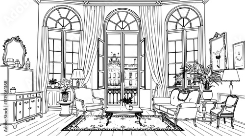Outline of a Parisian apartment with vintage furniture and tall windows vector design.
