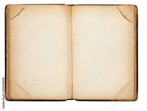 Antique Open Blank Book with Aged Yellowed Pages and Worn Leather Cover