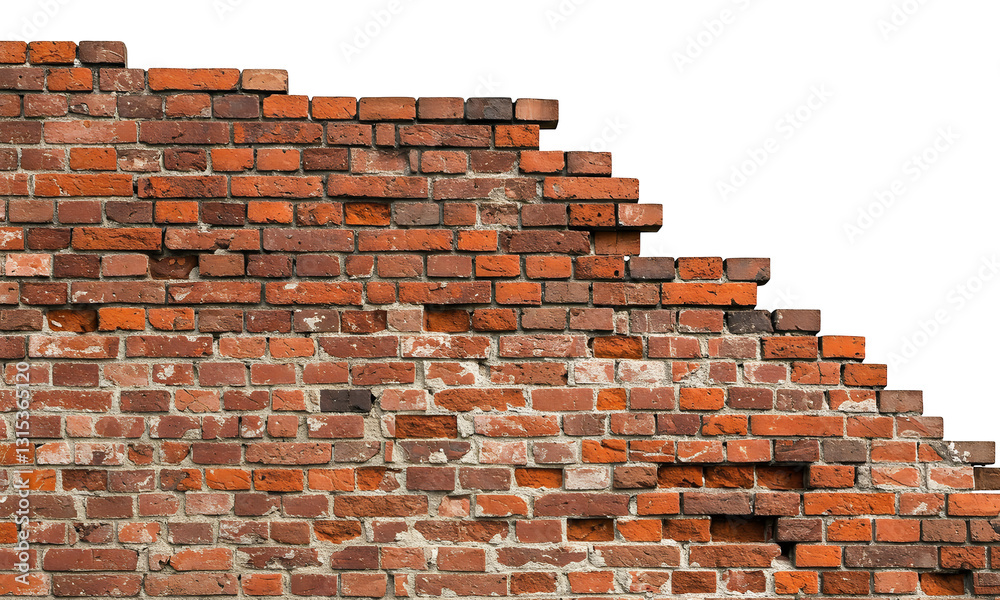 Obraz premium Old Weathered Red Brick Wall with Missing Sections and Rough Texture