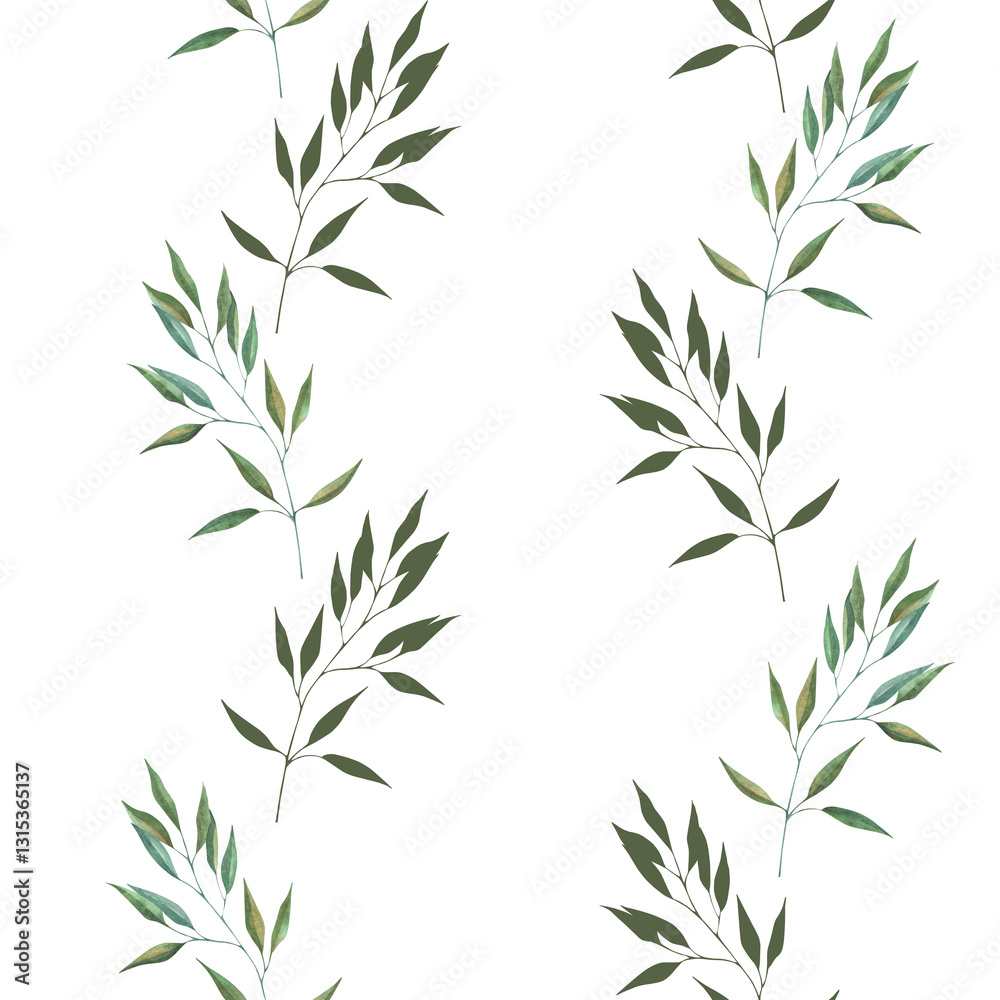 Fototapeta premium Seamless pattern with watercolor illustrations of various herbs. Seamless texture with hand-drawn green branches. Ideal for wedding, birthday, seasonal holidays.
