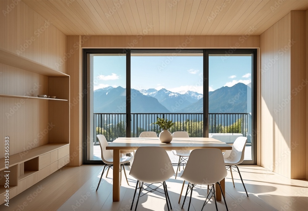 Fototapeta premium A modern open-concept dining room with light wood paneling and large windows overlooking snow-capped mountains.