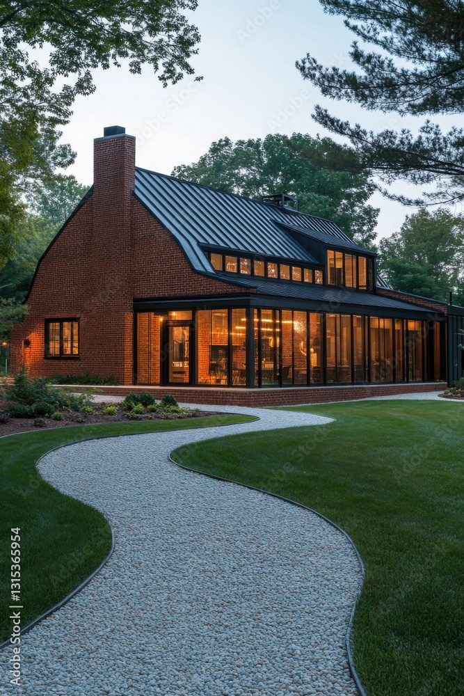 Fototapeta premium Modern brick house with large glass windows and a winding stone pathway surrounded by green gardens in the late afternoon light