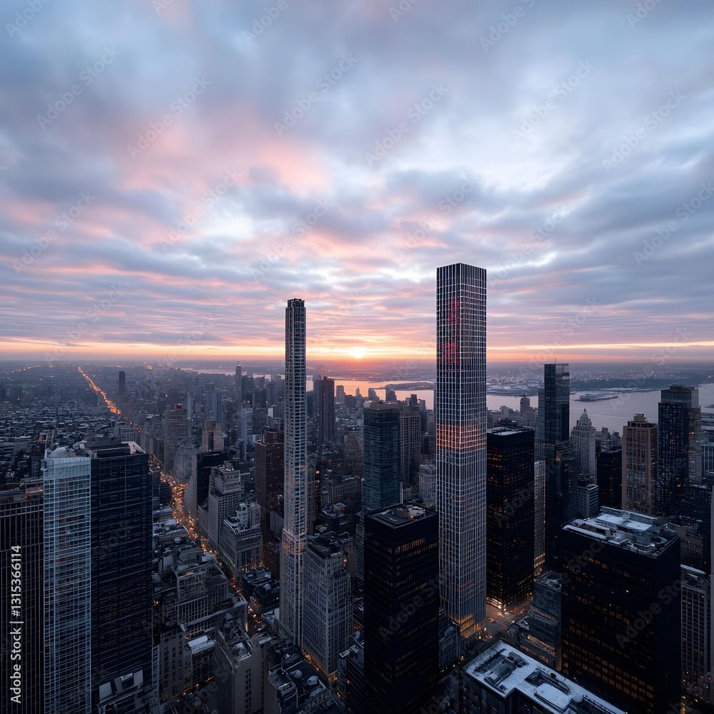 Fototapeta premium Sunrise cityscape, Manhattan, aerial view, winter