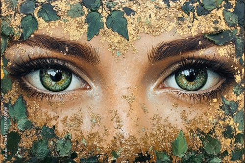 Nature-inspired portrait featuring striking green eyes surrounded by golden leaves