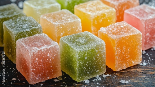 Colorful jube candies covered with sugar crystals, sitting on a dark surface, creating a vibrant and tempting display photo