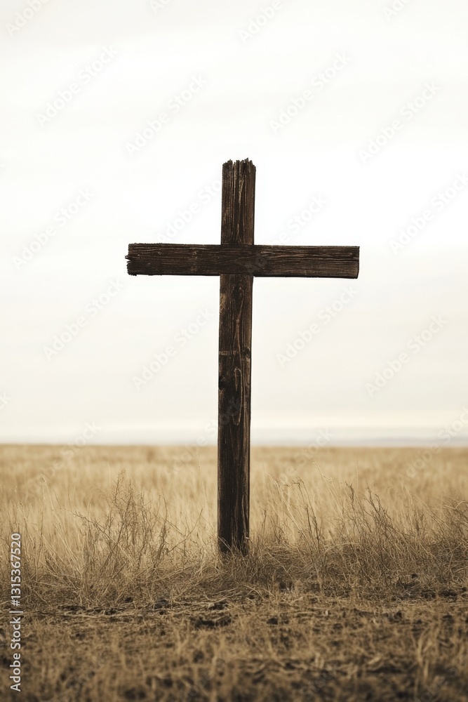 Weathered wooden cross standing in a field of tall grass under a pale sky. Weathered wooden cross standing in a field of tall grass under a pale sky.