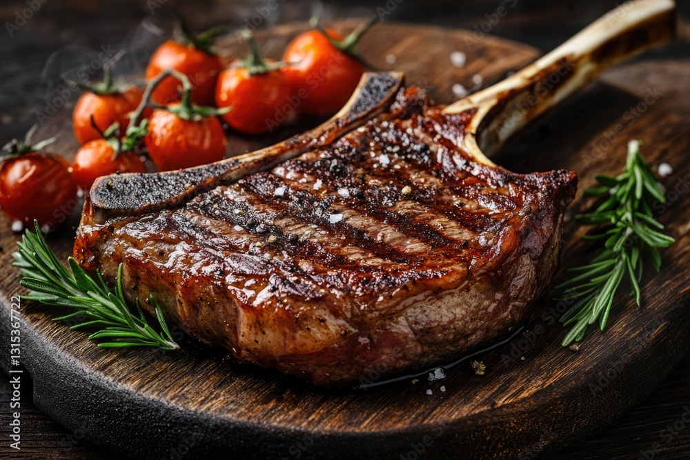 Sizzling Tomahawk Steak: Seared to Perfection on Rustic Wooden Plate for Gourmet Dining Experience Sizzling Tomahawk Steak: Seared to Perfection on Rustic Wooden Plate for Gourmet Dining Experience