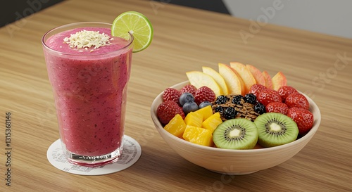 Healthy Lifestyle: Fresh Smoothie and Fruit Bowl