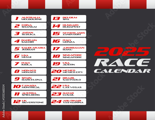 Motorsport race calendar listing races in 24 different locations around the world, dark background. Competitions and events.