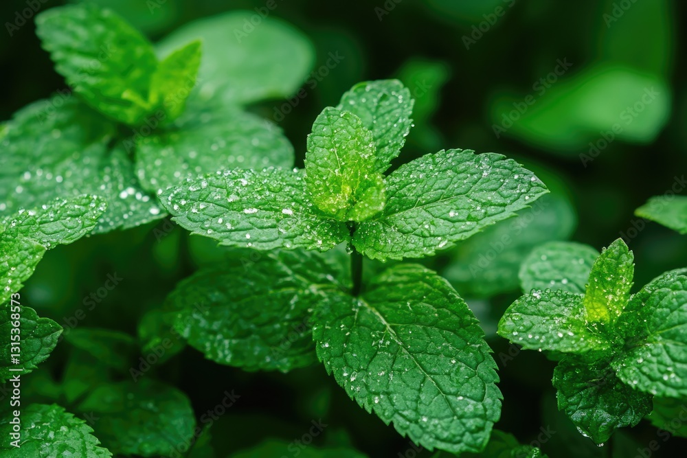 Vibrant Wild Mint Collection: Fresh Green Leaves with Dew in a Spring Outdoor Setting Vibrant Wild Mint Collection: Fresh Green Leaves with Dew in a Spring Outdoor Setting