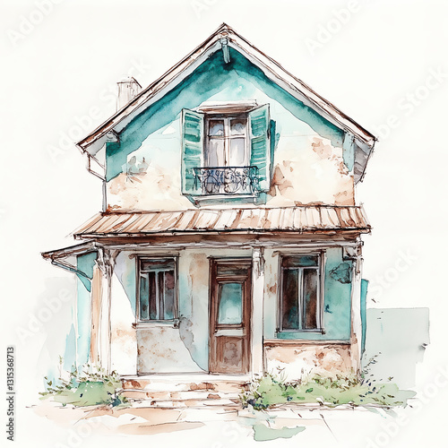 Charming Watercolor of a Quaint Vintage House Exterior with Rustic Details

