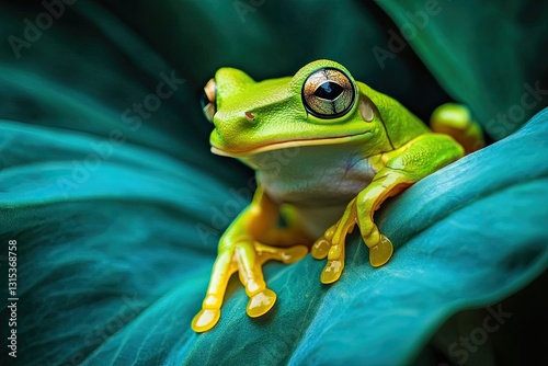 Green tree frog on vibrant leaf, lush rainforest backdrop photo