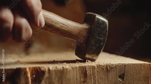 a  close-up of a hammer striking a nail into wood, with the nail slightly bent and the wood grain visible. 