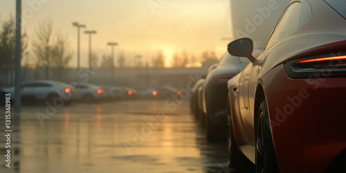 Wide image. Spacious wet parking area with new cars covered in small droplets of rain. A red sporty new coupe in detail, highlighting its taillight.