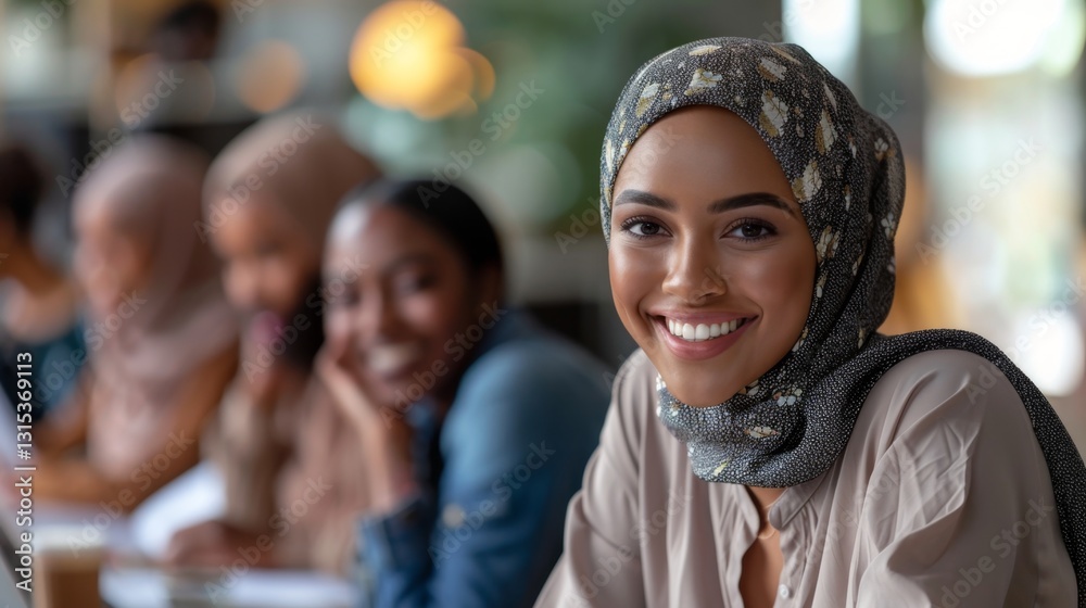 Obraz premium Women engaged in a discussion at a cafe during the afternoon, showcasing friendship and cultural diversity