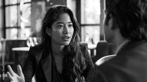 A woman in her 30s with long hair, wearing a business suit, talking to a colleague while seated in a stylish conference room.