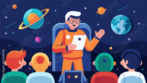 A wise and experienced astronaut giving a lecture to a room full of younger space explorers sharing anecdotes from their own missions.. Vector illustration