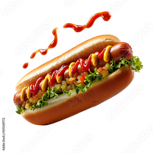 A Delicious Hot Dog with Ketchup Mustard and Relish Isolated on Transparent Background