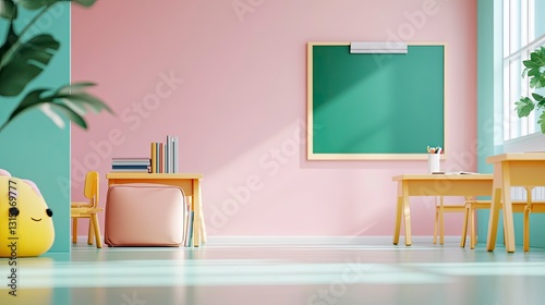 Fototapeta Naklejka Na Ścianę i Meble -  Pastel-colored classroom interior with desks, chairs, chalkboard, books, and plants.