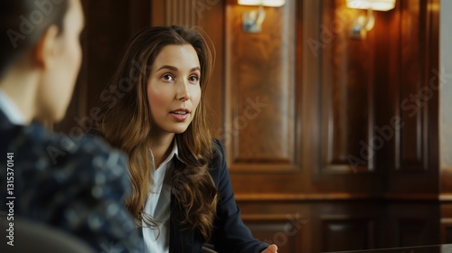 A woman in her 30s with shoulder-length hair, wearing a black blazer, standing next to a modern desk with her arms crossed, in a stylish office setting.