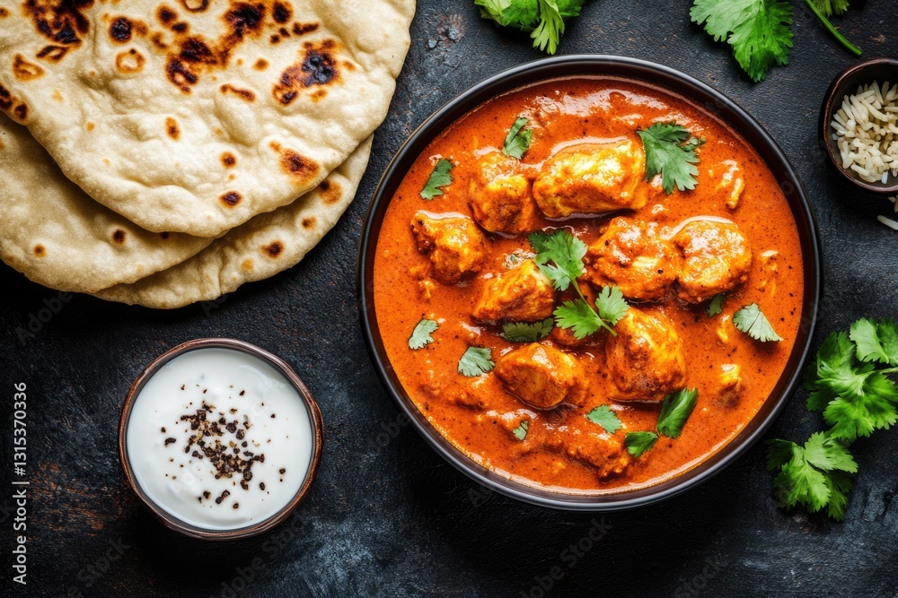 Savory Chicken Tikka Masala: Authentic Indian Dish with Curry, Basmati Rice, Naan, and Raita on Rustic Dark Surface, A Top View Delight Savory Chicken Tikka Masala: Authentic Indian Dish with Curry, Basmati Rice, Naan, and Raita on Rustic Dark Surface, A Top View Delight