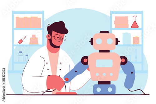 Man creating robot, vector illustration, robotics design, engineer at work, innovation concept, tech development, human and machine