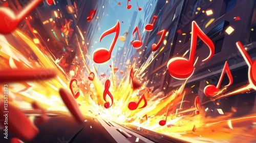 Fiery explosion of music notes in urban background