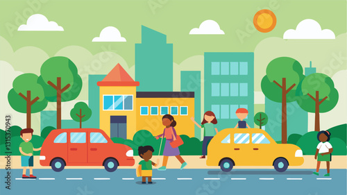 A school district implementing a carpooling program for parents and students reducing traffic congestion during busy dropoff and pickup times and promoting ecofriendliness.. Vector illustration