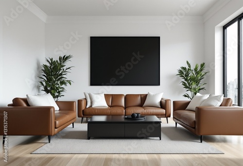 A Modern Living Room with Brown Leather Sofas and Black Coffee Table.