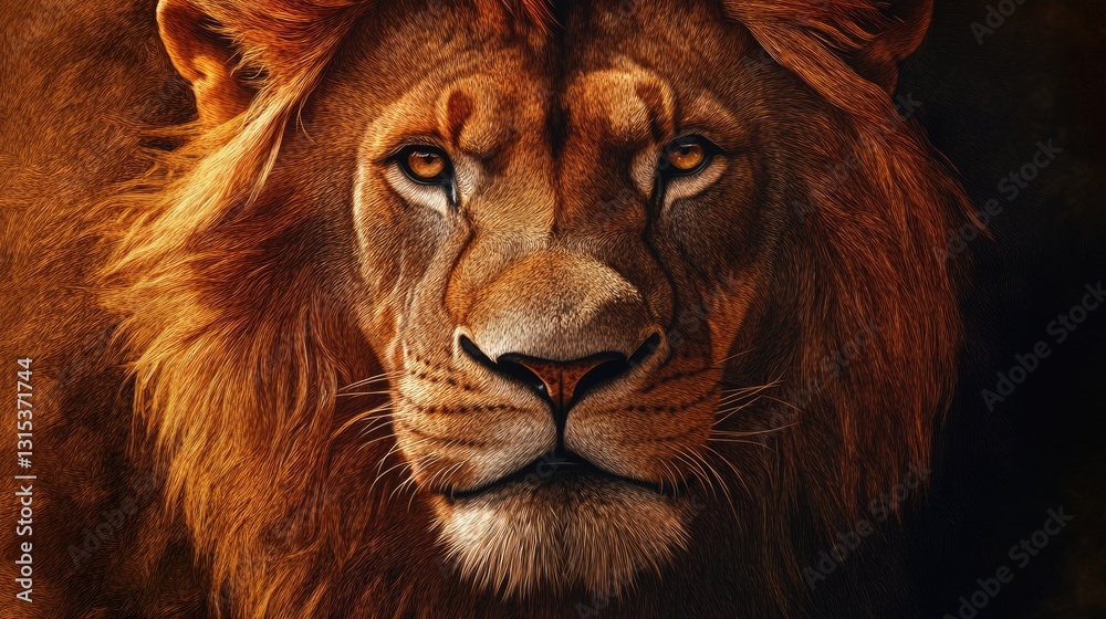 Naklejka premium Majestic Lion Representing the Tribe of Judah: A Close-Up Illustration with Rich Fur and Flowing Mane in a Biblical Context