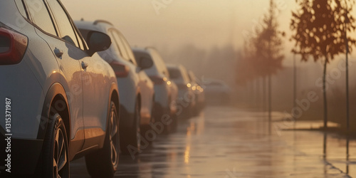 Row of new white SUVs beside a young tree alley – corporate fleet