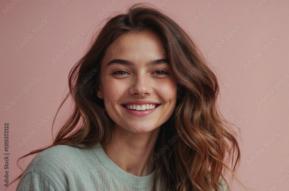 Portrait of a happy woman with loose hair and a warm gaze on a pink background Portrait of a happy woman with loose hair and a warm gaze on a pink background