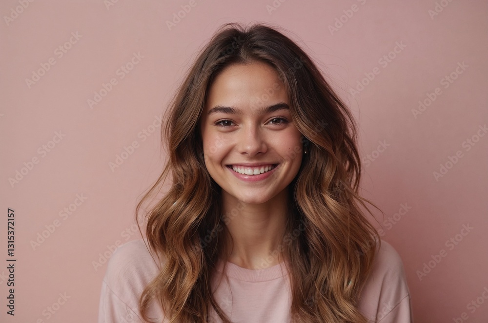 Woman with a smile lighting up a solid pastel pink background Woman with a smile lighting up a solid pastel pink background