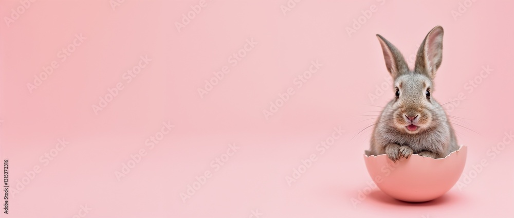 Fototapeta premium Adorable gray rabbit peeking from an eggshell on a pastel pink surface, symbolizing new beginnings, Easter, or spring joy. Perfect for seasonal themes and celebrating renewal and cheerfulness.