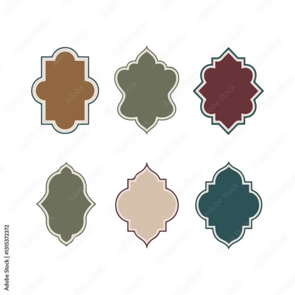 Old islamic window shape in oriental style. Arabic frames, borders or arabian mosque arches in pastel colors. Eid mubarak gates, muslim architecture geometric design elements or moroccan doors set.