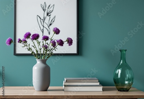 Minimalist Still Life of Purple Flowers in Vase, Books and Teal Blue Wall.