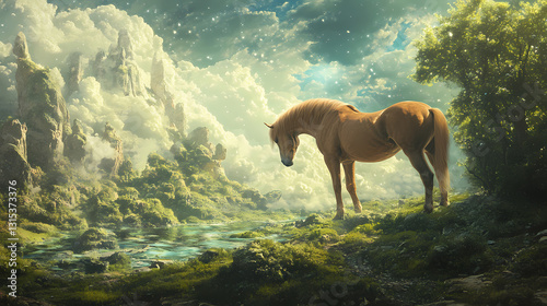 Brown horse, profile, in a fantastical green landscape. artistic equine photography; surreal, dreamlike art. Dreamlike - Sky. Illustration
