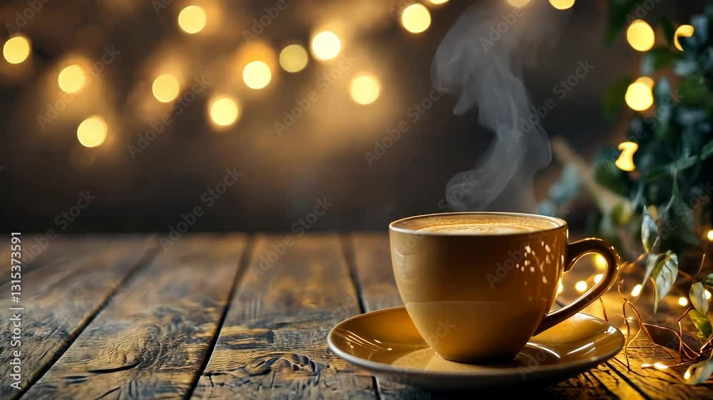 A steaming cup of coffee placed on a rustic table, glowing warmly in soft evening lights