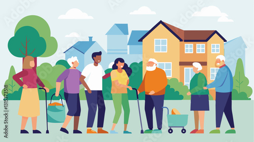 A team of volunteers go doortodoor offering their help with any household chores and tasks to their elderly neighbors who may have difficulty with mobility.. Vector illustration