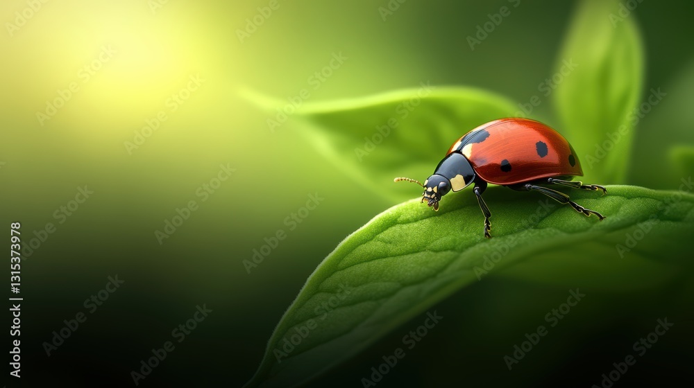 Fototapeta premium A close-up of a vibrant ladybug perched on a green leaf, showcasing intricate details against a blurred natural background, Ideal for nature themes, environmental projects, and educational materials,