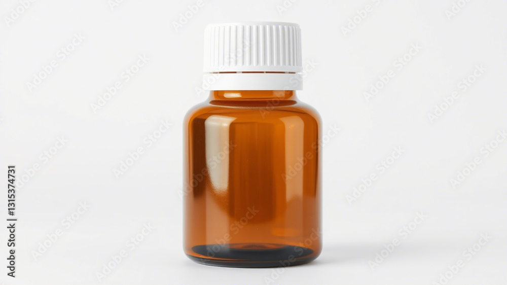 Fototapeta premium Tablets pills ,drugs ,pharmacy ,medicine or medical on white background,Amber Bottle Spilled Capsules,A close-up of a brown amber glass medicine bottle with a white child-resistant cap, isolated PIC