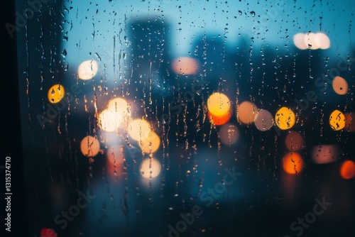 Rainy Day City Lights Bokeh Through Window Glass with Water Droplets- Urban Night Background