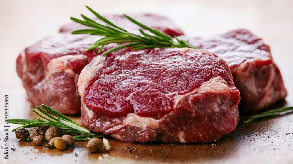 Raw Beef Steaks Displayed with Fresh Rosemary and Spices on a Wooden Board Raw Beef Steaks Displayed with Fresh Rosemary and Spices on a Wooden Board